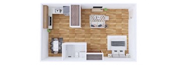 a bedroom with a living room and a dining room