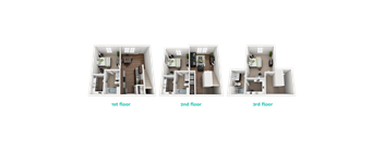 a 3d floor plan of a residence with different views of the rooms