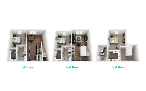 a 3d floor plan of a residence with different views of the rooms