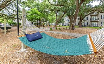 a blue hammock in the middle of a yard with trees