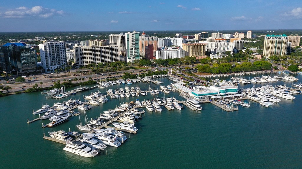 a harbor full of boats with a city in the background