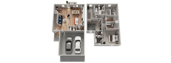 A top-down view of a house layout with two cars parked in the driveway.