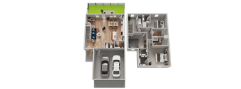 A 3D floor plan of a house with a garage and a green lawn.