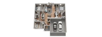 A top-down view of a house layout with two bedrooms, a living room, a kitchen, a dining area, and two parking spaces.