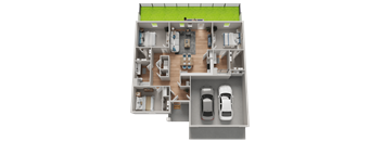 A 3D floor plan of a house with two bedrooms, a living room, a kitchen, a dining room, and two parking spaces.