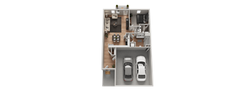 A top-down view of a house with a living room, kitchen, dining area, and two cars parked in the garage.