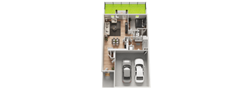 A top-down view of a house layout with a green lawn and two cars parked in the driveway.