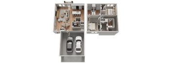 A 3D floor plan of a house with two cars parked in the garage.