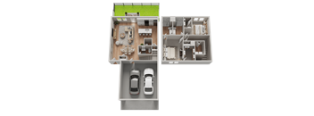A model of a house with a green lawn and two cars.
