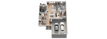 A 3D floor plan of a house with two bedrooms, a living room, a kitchen, a bathroom, and a garage with two cars.