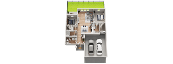 A 3D floor plan of a house with two bedrooms, a living room, a kitchen, a bathroom, and a garage.