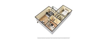 A 3D rendered image of a 1 bedroom apartment layout.