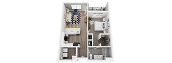 A floor plan of a small apartment with a kitchen, living room, and bathroom.