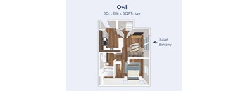 Peregrine Place one-bedroom, one-bathroom Owl floorplan