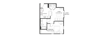 A floor plan of an apartment with a living room, bedroom, and balcony.