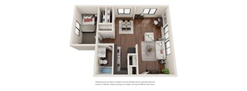 A top-down view of a small apartment with a kitchen, living room, and bedroom.