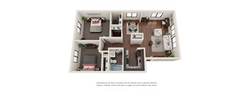 A top-down view of a small apartment with a kitchen, living room, and bedroom.