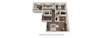 A 3D rendered image of a house layout.