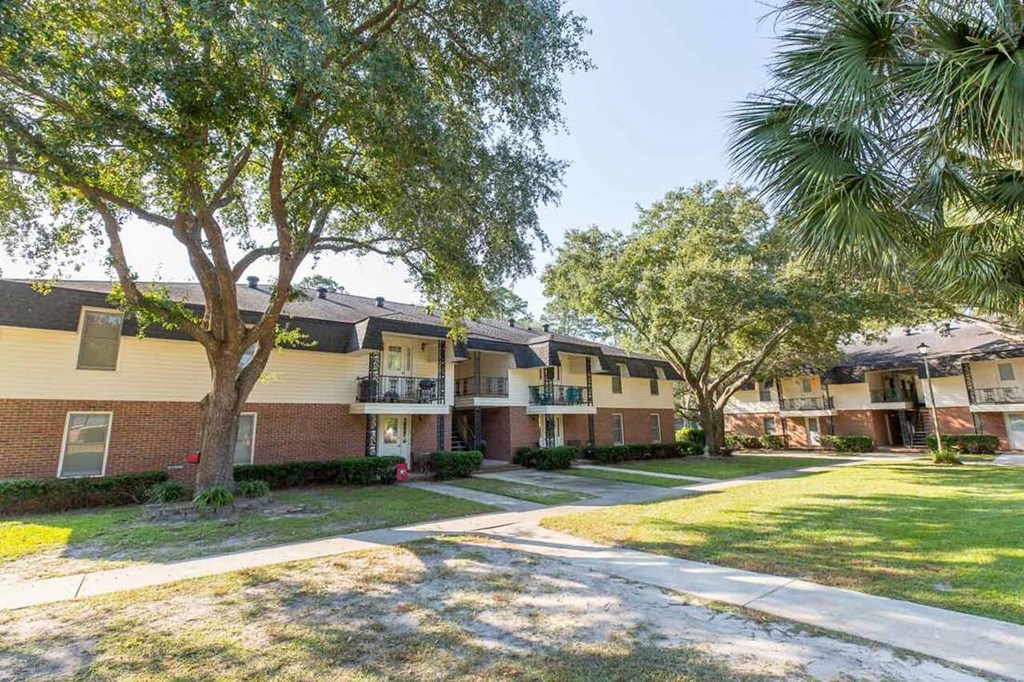 A tree in front of a building with a grassy area in front of it.