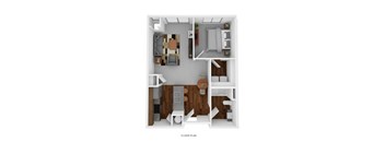 A floor plan of a small apartment with a kitchen, living room, and bathroom.