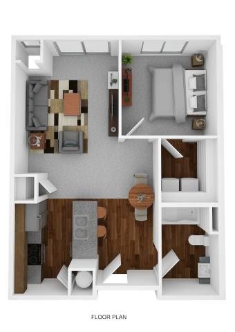 A floor plan of a small apartment with a kitchen, living room, and bathroom.