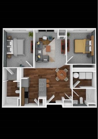 A 3D floor plan of a small apartment with a kitchen, living room, and bedroom.