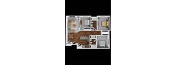A 3D floor plan of a small apartment with a kitchen, living room, and bedroom.
