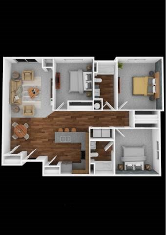 A 3D floor plan of a small apartment with a kitchen, living room, and bedroom.