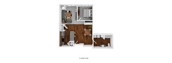A floor plan of a small apartment with a living room, kitchen, and bedroom.