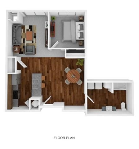 A floor plan of a small apartment with a living room, kitchen, and bedroom.
