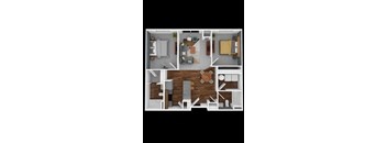 A 3D floor plan of a small apartment with a kitchen, living room, and bedroom.