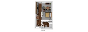 A floor plan of a small apartment with a kitchen, living room, and bathroom.