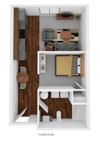 A floor plan of a small apartment with a kitchen, living room, and bathroom.