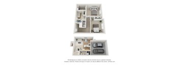 A 3D floor plan of a house with two bedrooms, a living room, a kitchen, and a garage.