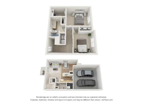 A 3D floor plan of a house with two bedrooms, a living room, a kitchen, and a garage.
