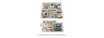 A 3D floor plan of a house with two bedrooms, a living room, a kitchen, and a garage.