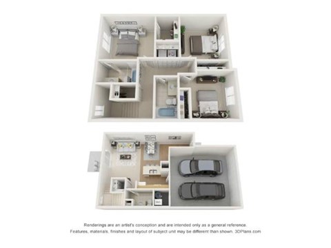 A 3D floor plan of a house with two bedrooms, a living room, a kitchen, and a garage.
