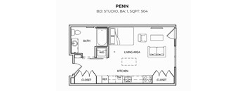 A black and white image of a floor plan for a studio apartment.