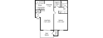 A floor plan of a small apartment with a living room, dining area, kitchen, bathroom, and two bedrooms.