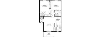 A floor plan of a small apartment with two bedrooms, a living room, a dining area, a kitchen, a bathroom, and a patio/balcony.
