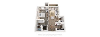 A floor plan of a two-bedroom apartment with a living room, kitchen, and bathroom.