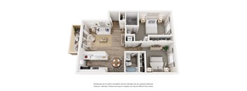 A floor plan of a two-bedroom, one-bathroom apartment.