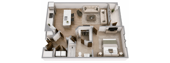 A top-down view of a living room with a couch, coffee table, and kitchen area.