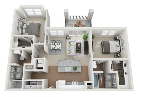 a floor plan of a two bedroom apartment with two bathrooms and a balcony