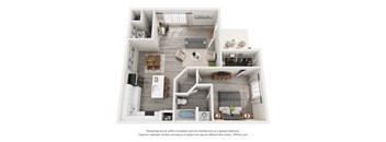 A 3D floor plan of a house with a kitchen, living room, and bathroom.