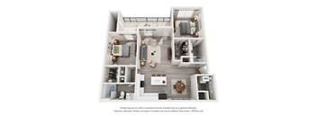 A 3D floor plan of a house with a kitchen, living room, and two bedrooms.