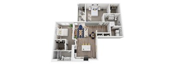 A top-down view of a small apartment with a kitchen, living room, and bathroom.