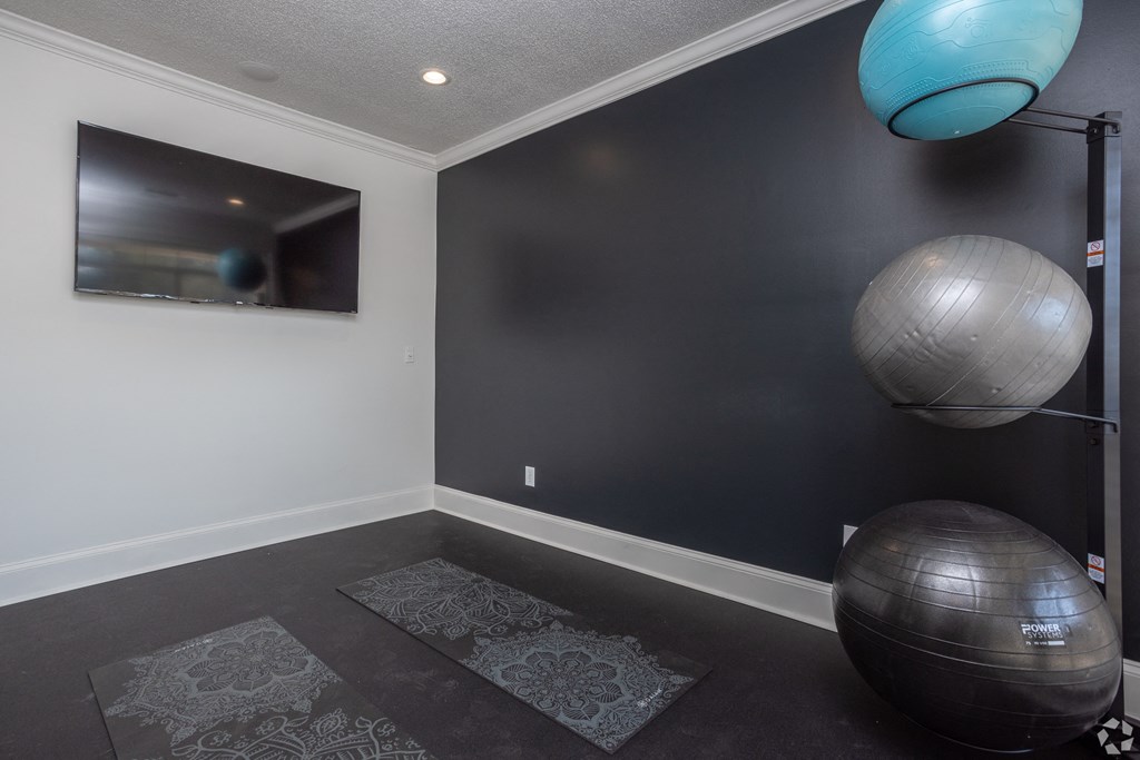 a fitness room with two exercise balls and a television