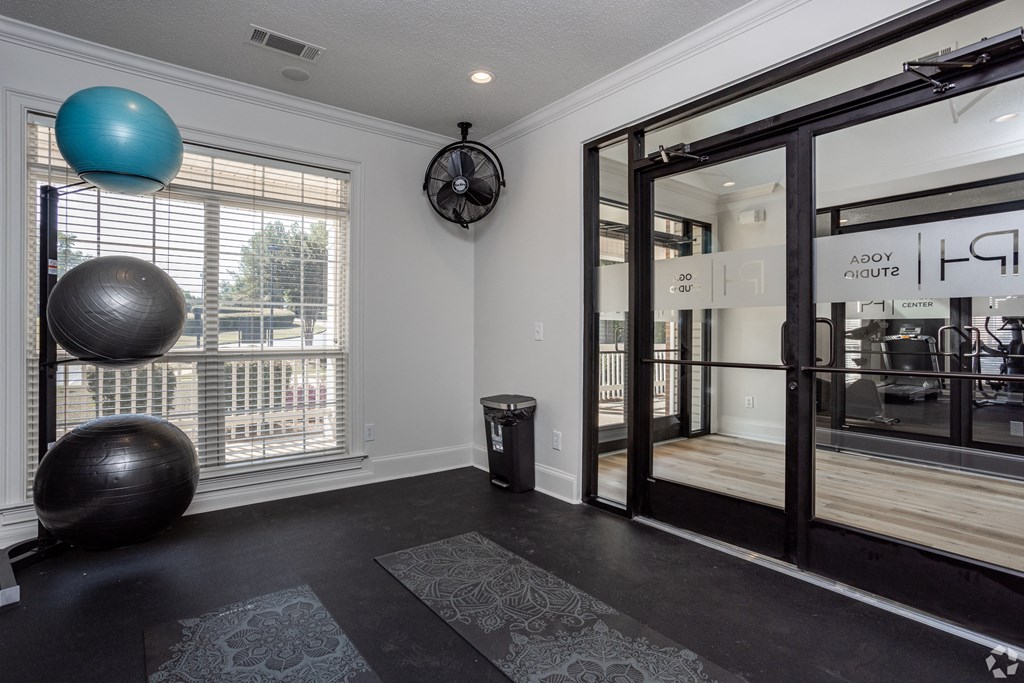 a home gym with a yoga ball and glass doors