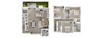 A floor plan of a house with two bedrooms, a living room, a kitchen, and a bathroom.
